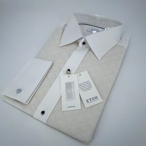 Eton Dress Shirt Mens XL 17 1/2 - 44 Slim Fit Pique White Beige Button Up